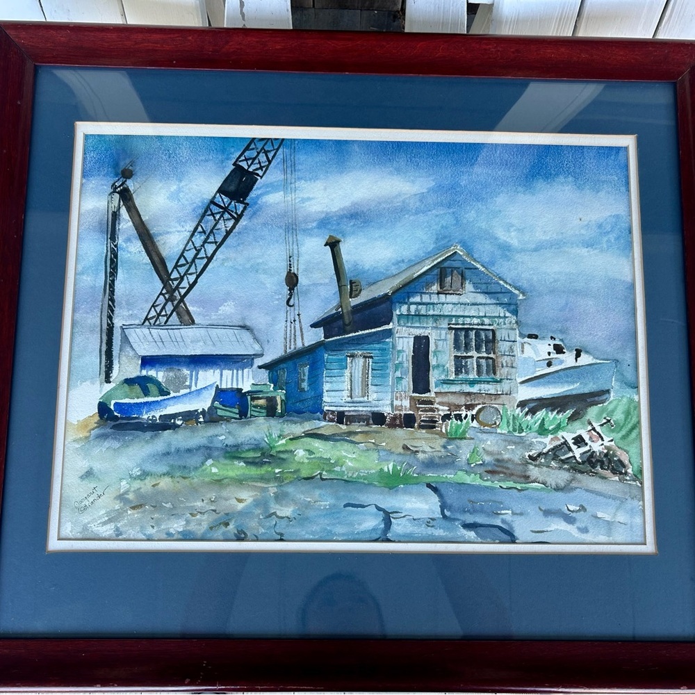 Vintage Seaside Watercolor Painting: Boatyard Scene by Margaret Ostranded - Picture 1 of 10